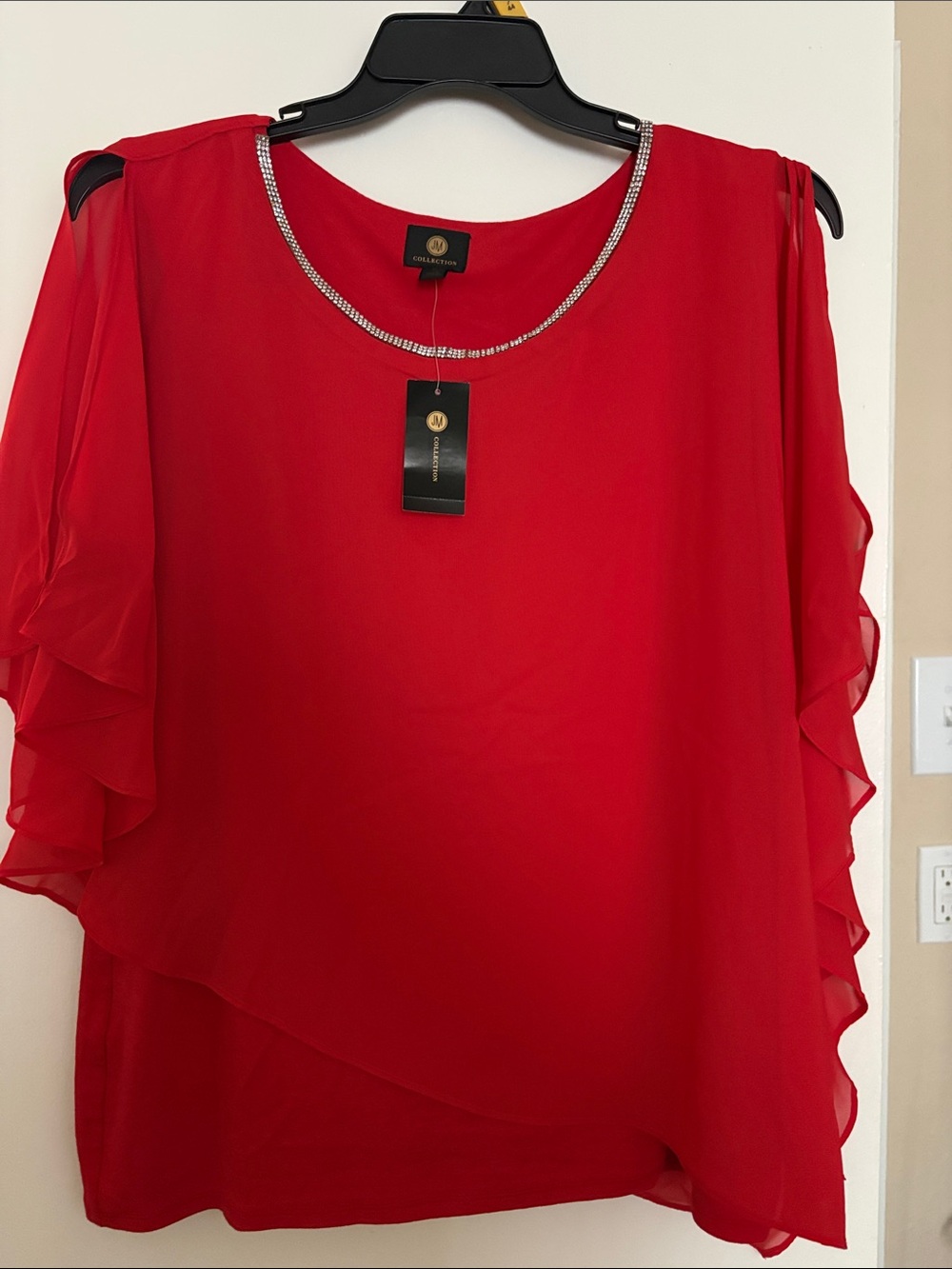 JM Collection Red Ruffle Sleeve Beaded-Neck Blouse